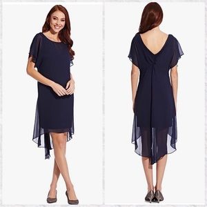 Adrianna Papell Short Sleeve Crew Neck Sheer Overlay Asymmetrical Midi‎ Dress